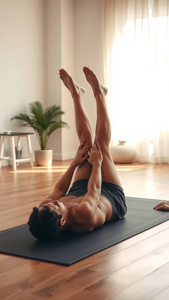 A person performing the Drumsticks Pose in a yoga studio, showcasing flexibility and strength.